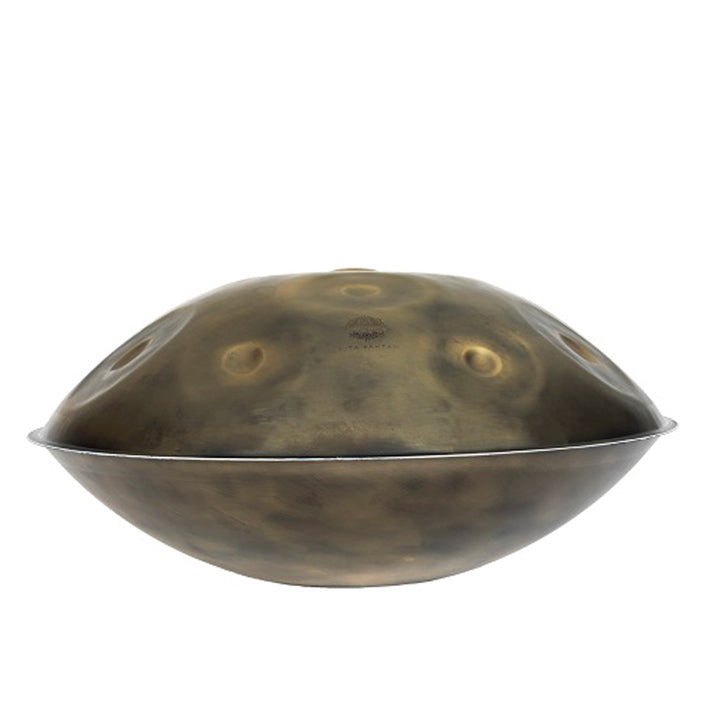 Seitenansicht einer Handpan im Gold Vintage Design von Kita Pantam