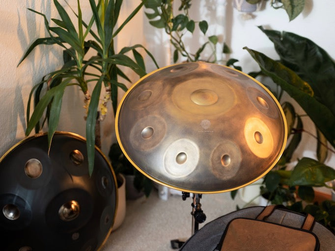 Kita Pantam in dem Design Gold Vintage steht in einem gemütlichen Raum mit Pflanzen und anderen Handpans auf einem Handpan Ständer