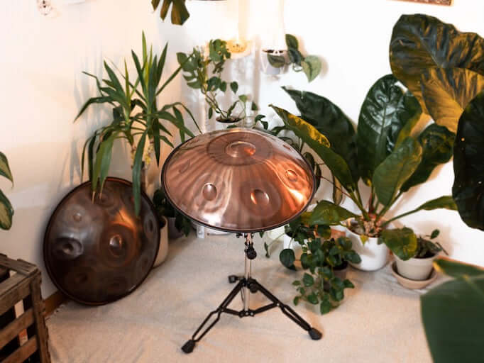 Eine Bronce gestreift glänzende AeloPan Handpan steht auf einem Ständer in einem schönen Raum zwischen Pflanzen