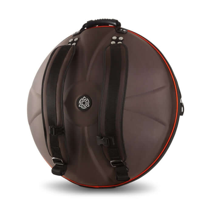 Rückseite eines Evatek Hardcase für den sicheren Transport von Handpan Drum Instrumenten mit Größen verstellbaren Tragegurten der Handpan Rucksack Tasche.